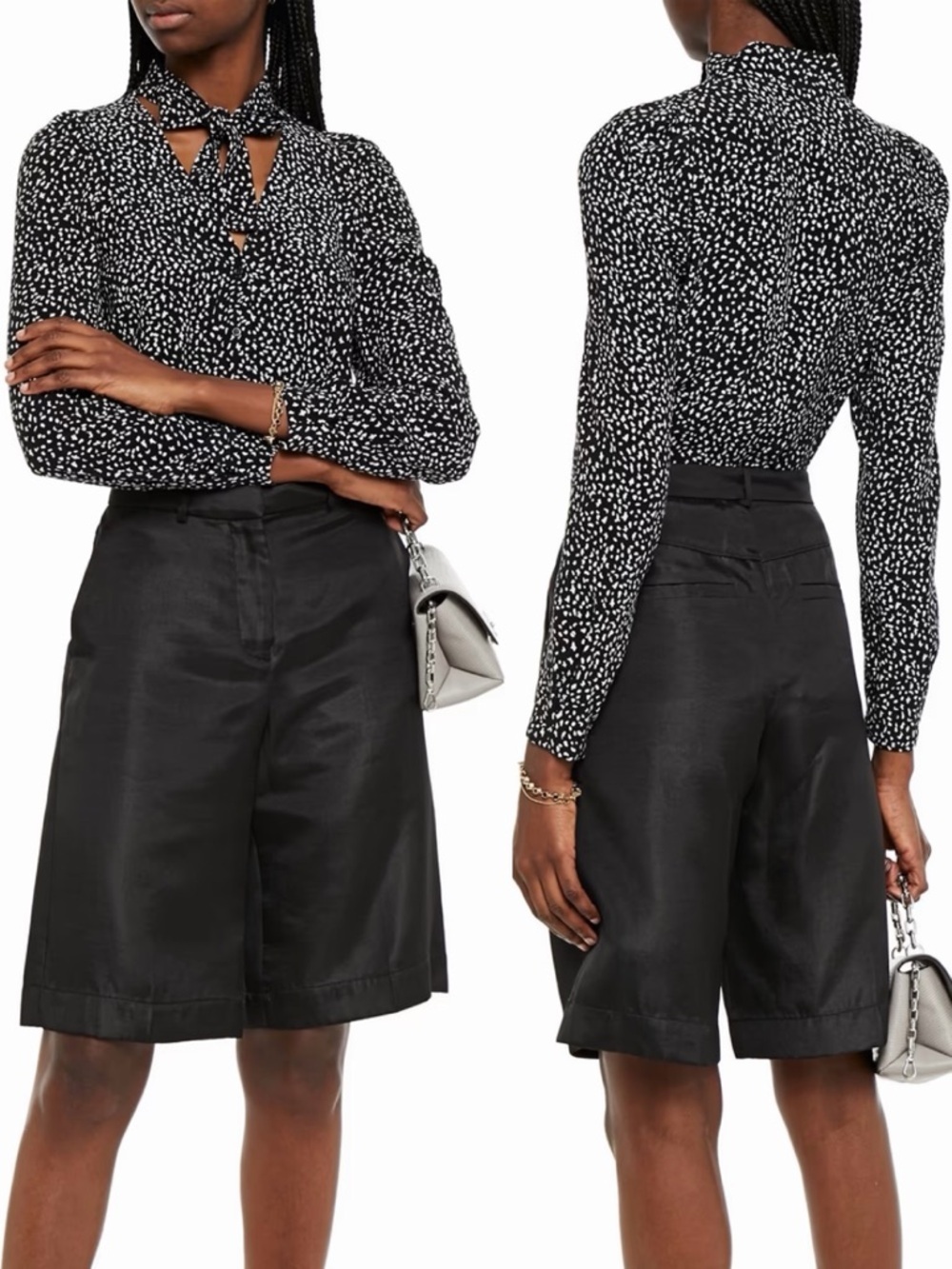 NWT Maje ‘Tie-Neck Printed Cupro-Blend Blouse’ in Black & White Speckle Size 4